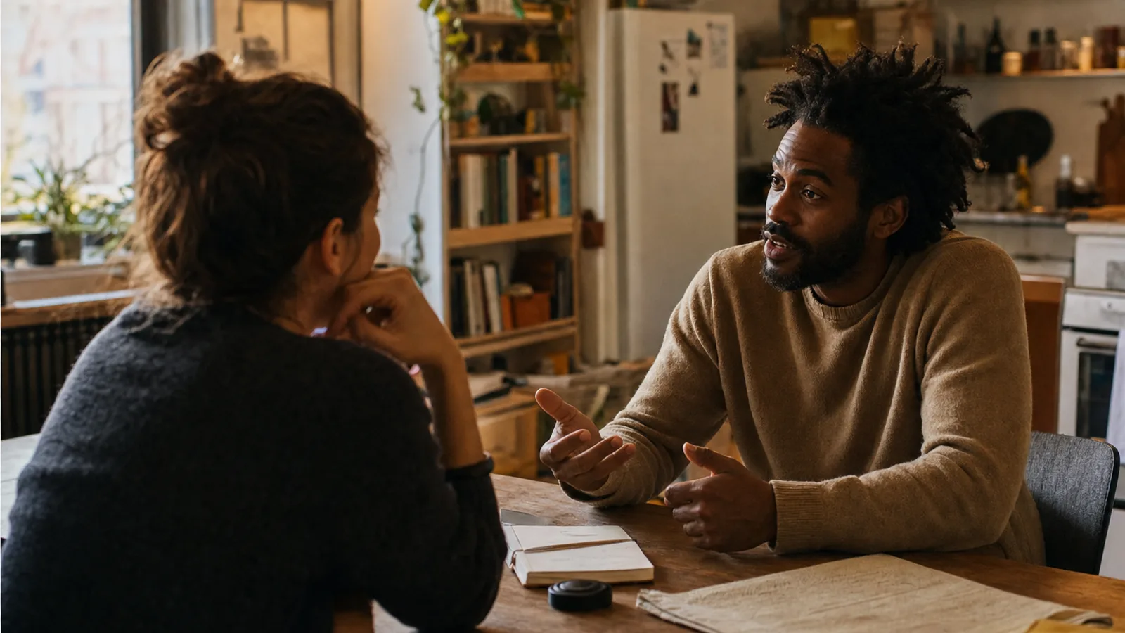 Two people at a kitchen table in a curious everyday conversation