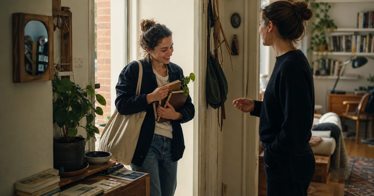 A person returning from a simple activity with objects that can become conversation material