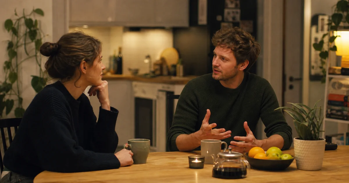 Two people in a casual kitchen conversation while one shares a mild opinion