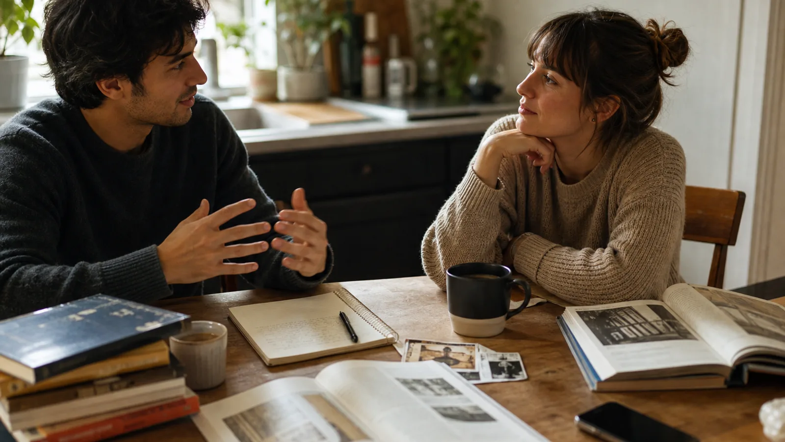 Two people at a kitchen table rebuilding curiosity through books, notes, and conversation