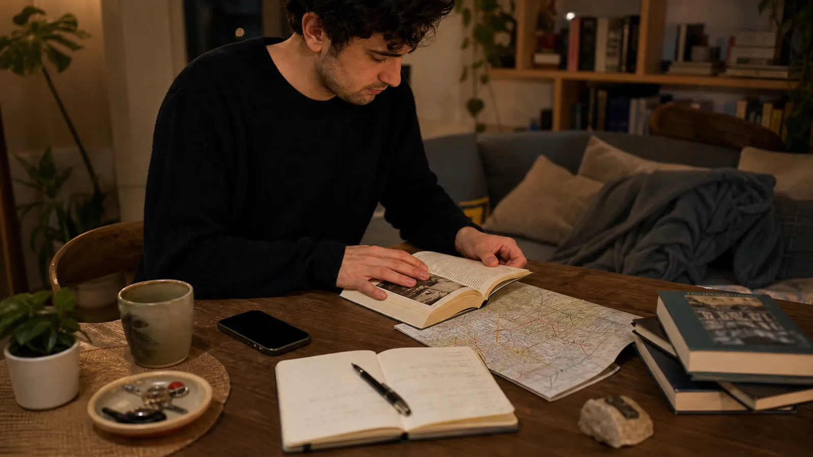 A phone face-down beside a book and notebook as someone chooses better inputs than scrolling