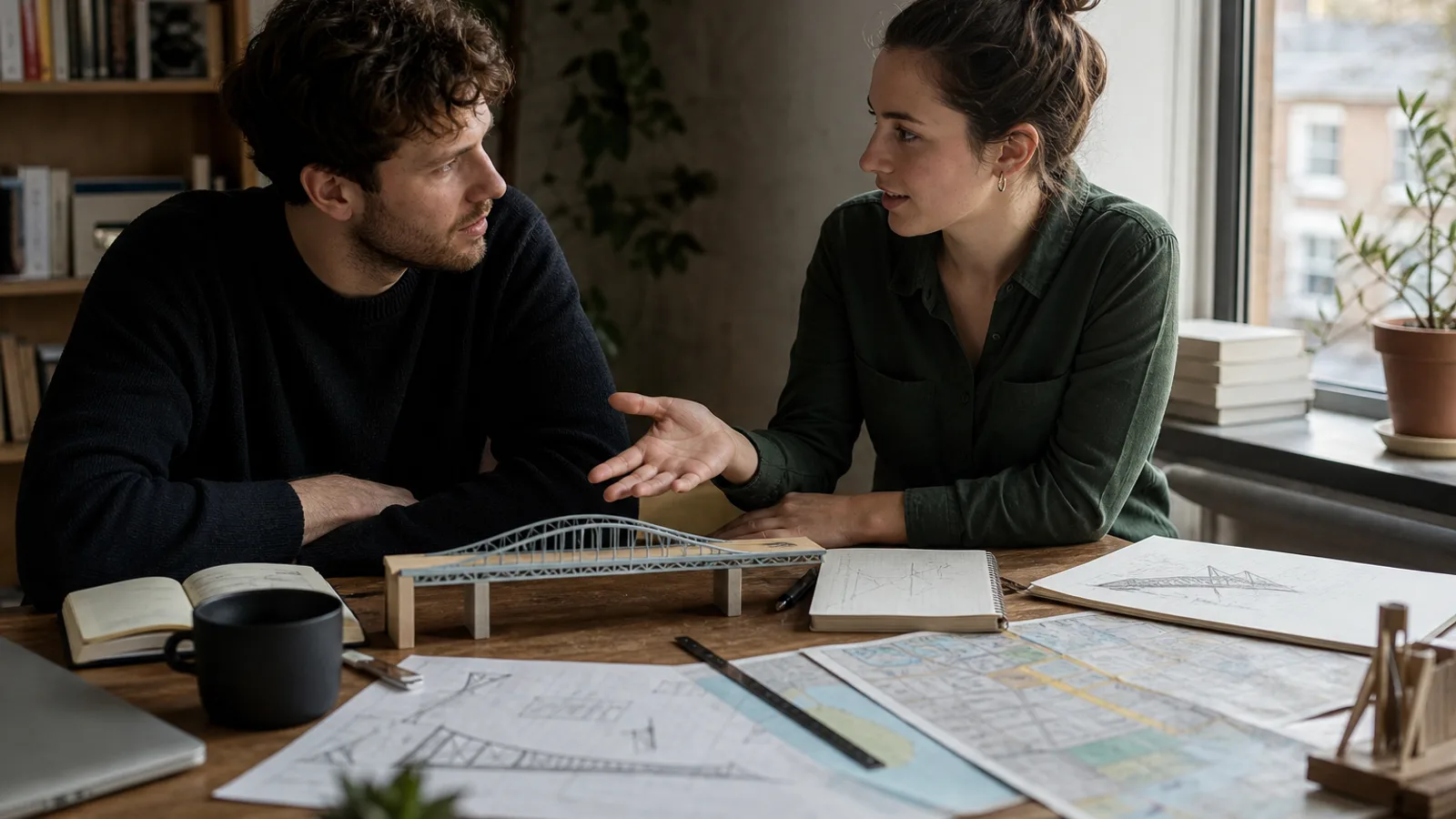 Two people discussing an engineering idea at a table with a simple model and city map
