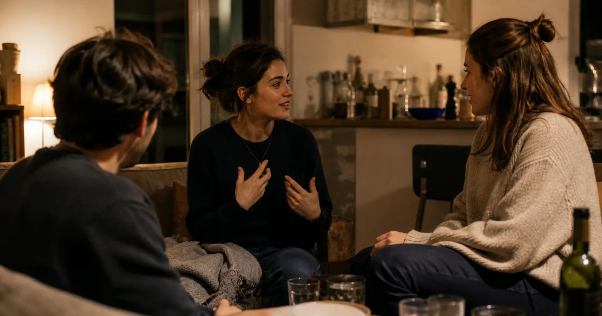 A small casual gathering where one person shares a short personal story