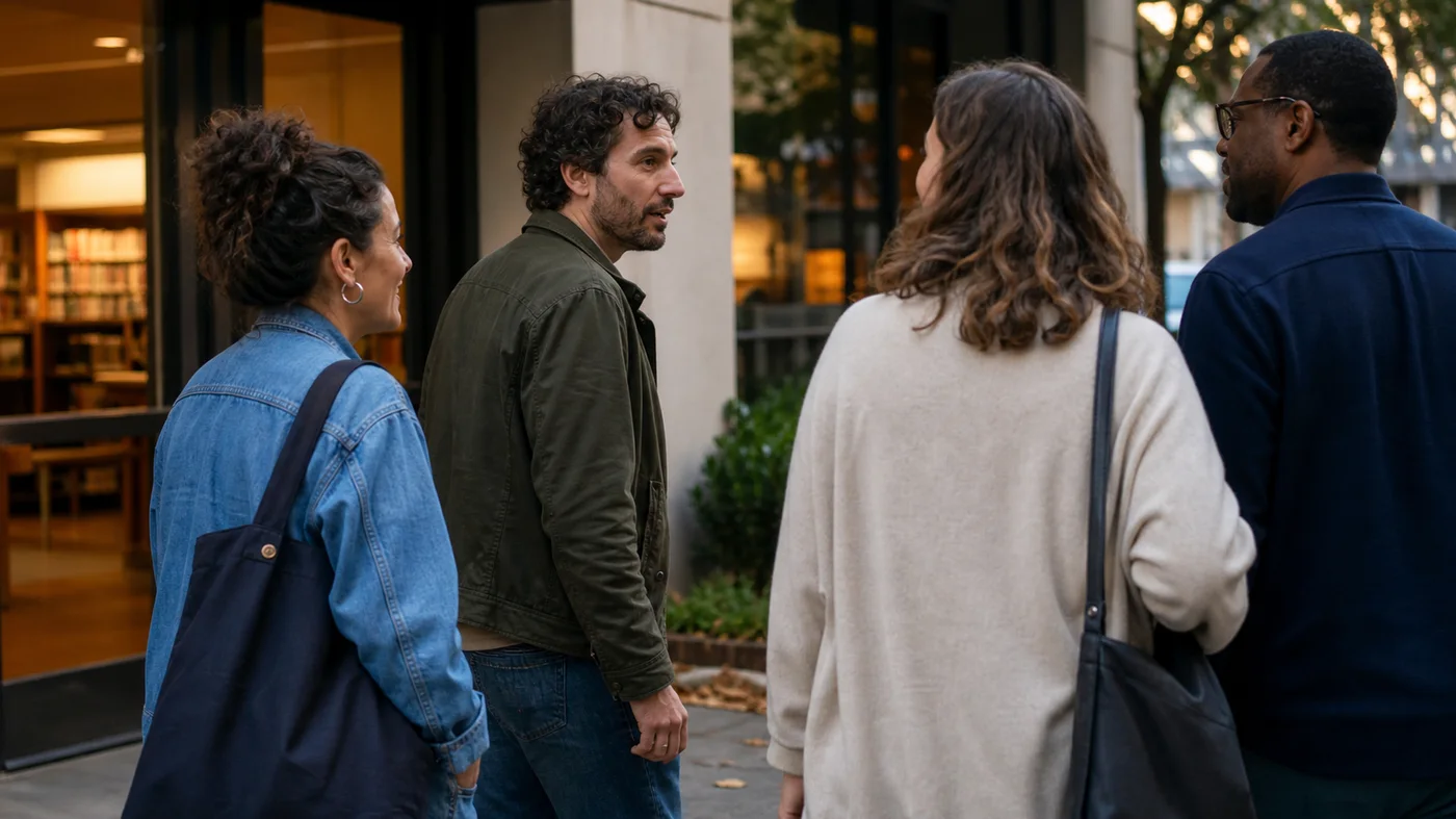 Two people at a small gathering during a calm pause