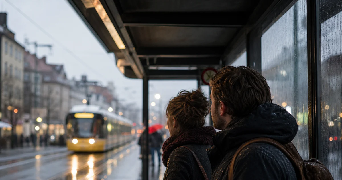 Two strangers waiting at a rainy city transit stop making situational small talk