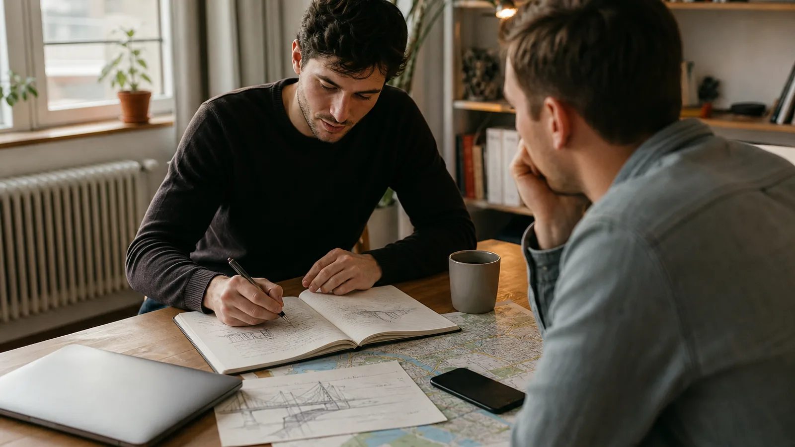 Two friends at a table with engineering notes and a city map discussing what education means after graduation