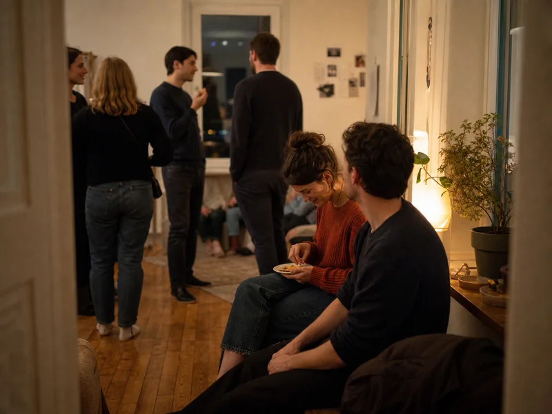 People at a small apartment gathering during a quiet but recoverable pause