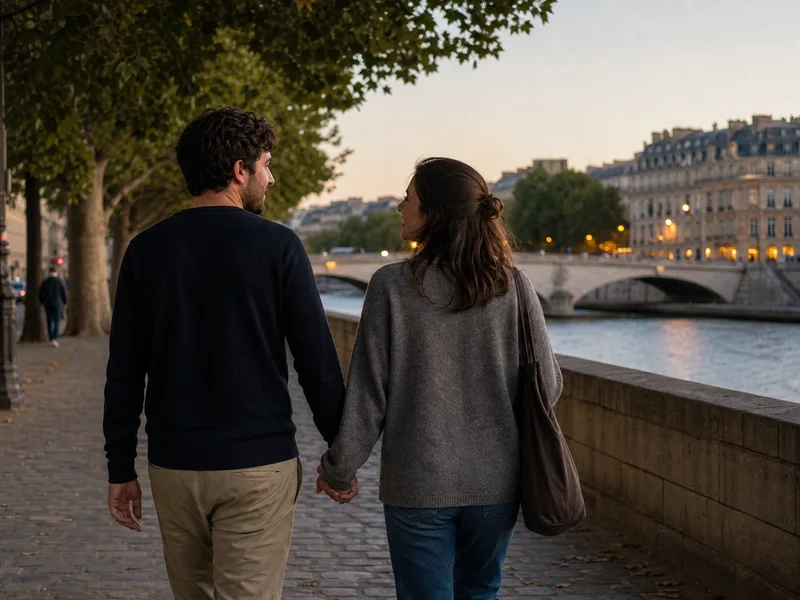 Two people holding hands while walking along a city riverside on a date