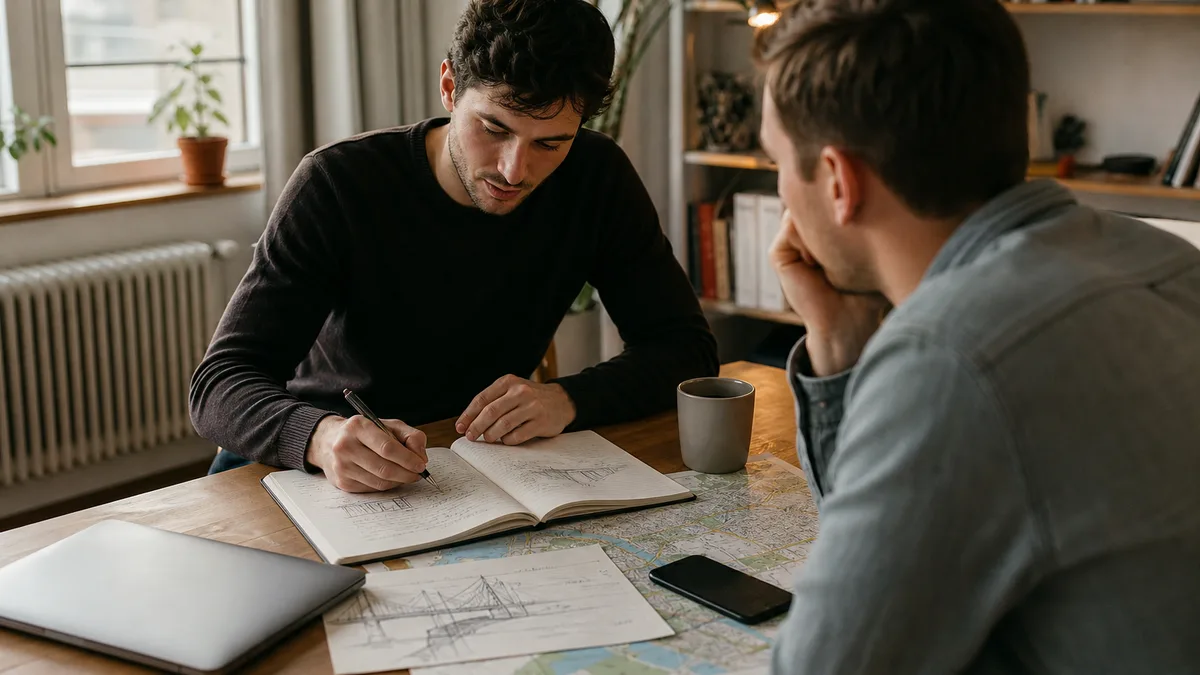 Two friends at a table with engineering notes and a city map discussing learning after university