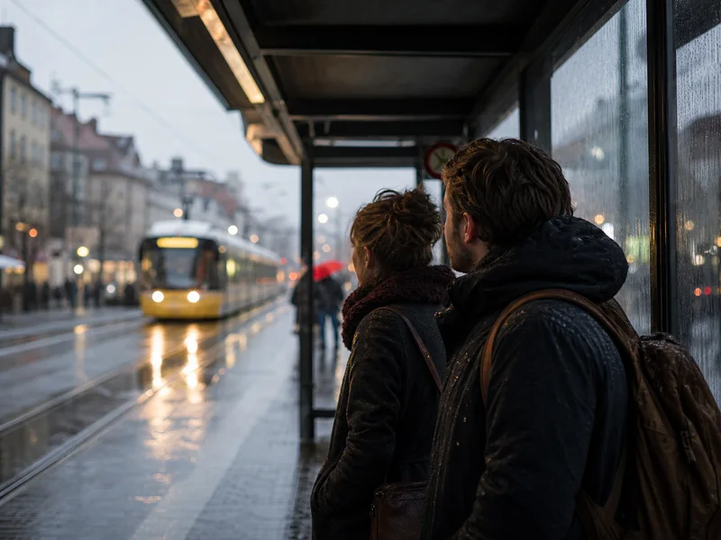 Two strangers waiting at a rainy city transit stop making situational small talk