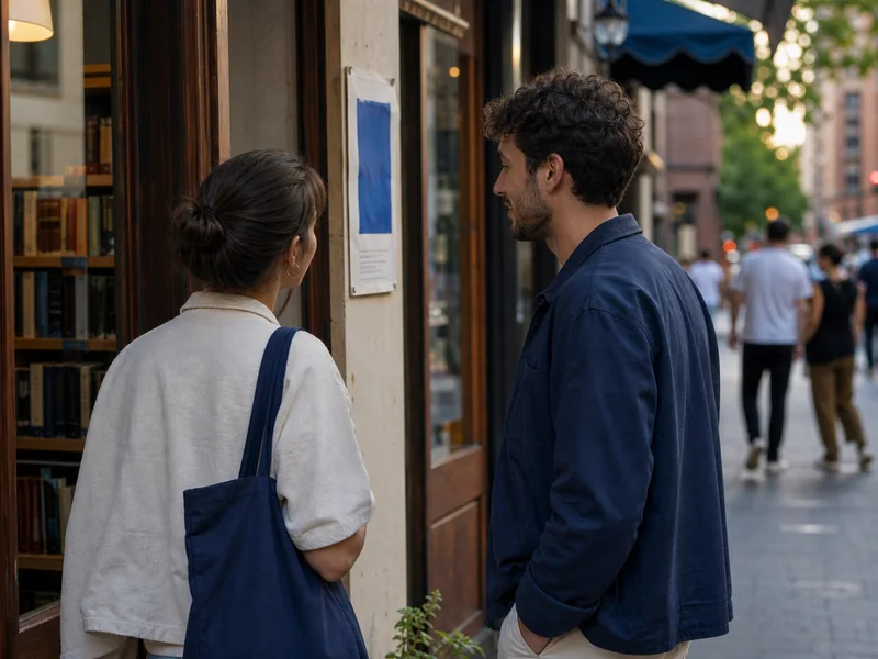 Two people beginning a casual conversation outside a neighborhood bookstore